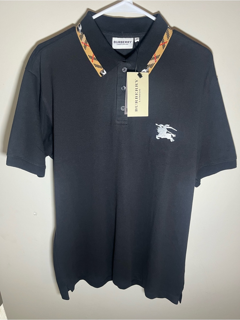 Burberry Black Polo with Iconic Beige Check Trim
